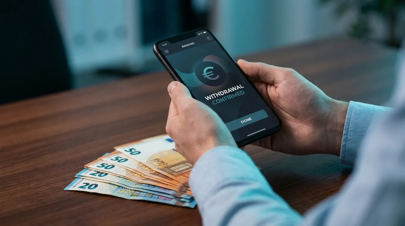 Smartphone με οθόνη τραπεζικής εφαρμογής δίπλα σε χαρτονομίσματα ευρώ, σύμβολο ανάληψης κερδών